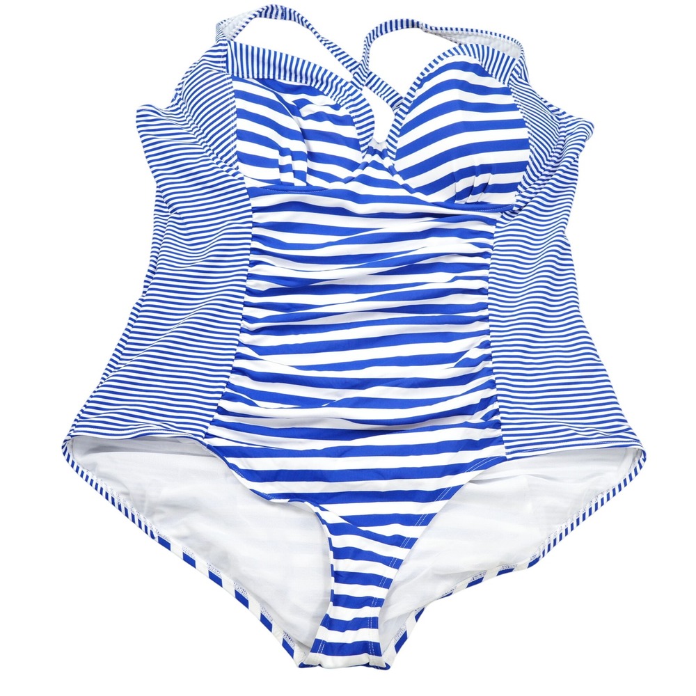 Torrid One Piece Swimsuit Women Plus 4 Blue White Stripe Criss Cross